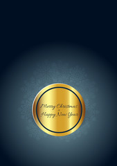Christmas greeting card template, gold badge and snowflakes