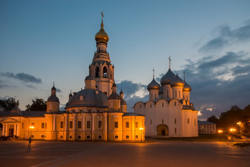 Fototapeta na wymiar Kremlin square in night with Alexander Nevsky Church, Belfry Sophia Cathedral, Holy Resurrection Cathedral in Vologda, Russia