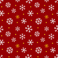 Red, gold and white christmas, winter seamless pattern background with snowflakes and dots.