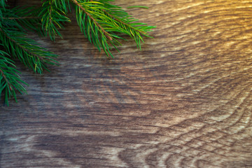 Christmas-tree branch and berries on a wooden background