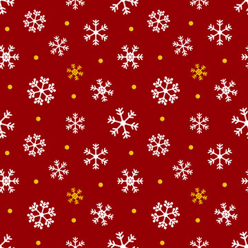 Red, gold and white christmas, winter seamless pattern background with snowflakes and dots.