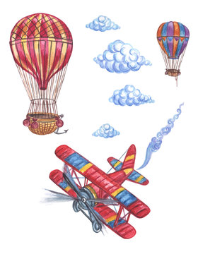 Watercolor set of balloons and aircraft.