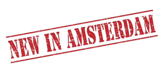 new in amsterdam red stamp on white background