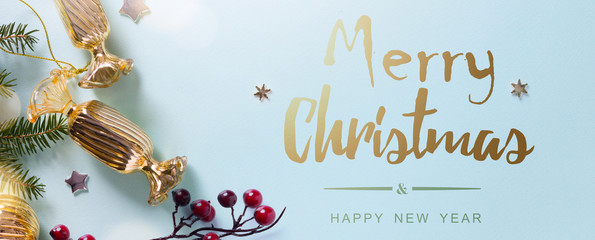 Christmas holidays decoration and tree light on blue background
