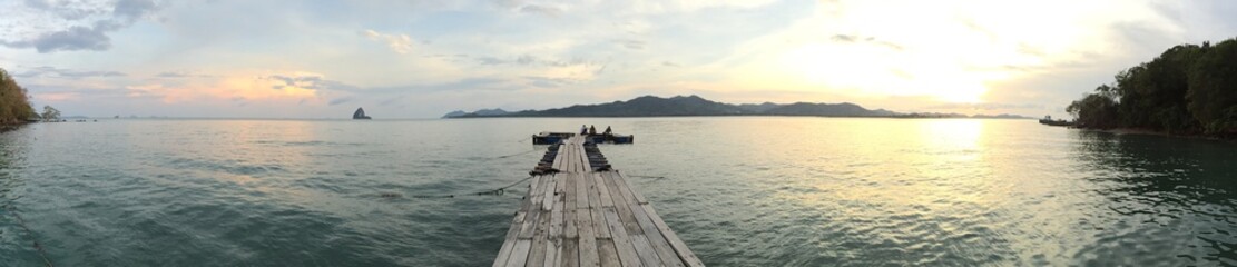 panorama view of the wooden bridge at twilight time