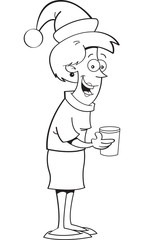 Black and white illustration of a woman wearing a Santa hat.