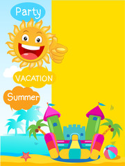 Bouncy Castle And Happy Sun. Summer Rest Vector Concept Banner. Summer Tropics Background. Summertime Template With Space For Text.