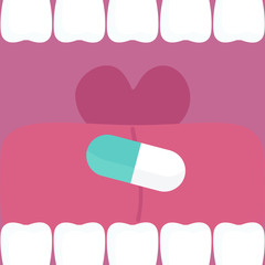 Open mouth with tongue and teeth. To swallow a pill. Vector illustration.