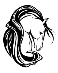 horse head with long mane black and white vector design