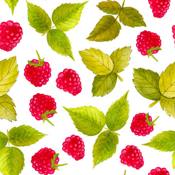Seamless pattern with green leaf and raspberries. Colorful illustration. Watercolor handpainted texture on white background for wallpaper, blogs,cover