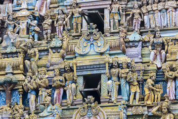 Closeup details on the tower of a Hindu Temple dedicated to Lord