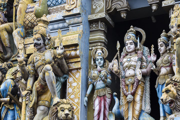 Closeup details on the tower of a Hindu Temple dedicated to Lord