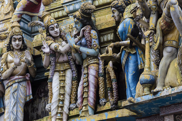 Closeup details on the tower of a Hindu Temple dedicated to Lord