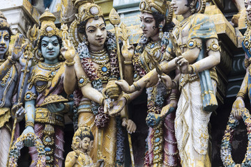 Closeup details on the tower of a Hindu Temple dedicated to Lord