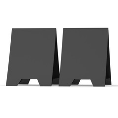 Two black paper tent cards. 3d render illustration isolated. Table cards mock up on white background.