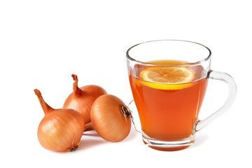 Onion tea for colds with lemon in glass mug isolated. Homemade folk remedy.