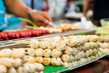 Meat ball and sausage with bamboo stick