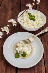 Cottage cheese breakfast. Wooden background. Top view. closeup