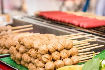 Meat ball and sausage with bamboo stick