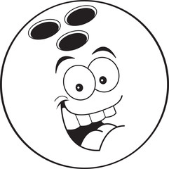Black and white illustration of a smiling bowling ball.