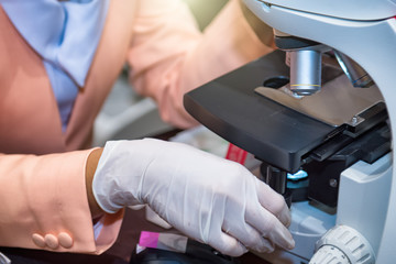 close-up of scientist hands with