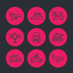 Fototapeta premium army line icons set, armoured fighting vehicles, drone, aviation, navy, satellite, heavy-lift helicopter