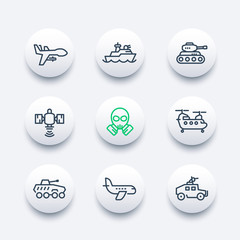 army line icons set, military drone, aviation, navy, combat ship, satellite, cargo helicopter, armoured fighting vehicles