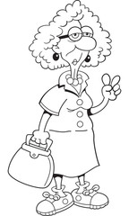 Black and white illustration of an old lady giving the peace sign.