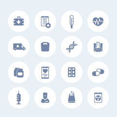 medicine icons set, health care, ambulance, hospital, pills, drugs, vaccination, injection, medic, simple pictograms over white