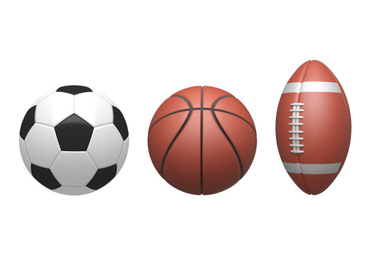 Soccer ball ,Basketball, American Football on white background. 3D illustration