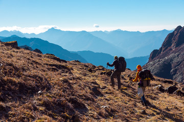 Fototapeta premium Hikers with Backpacks walking on grassy heel in Mountains