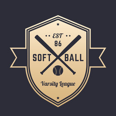 Softball vintage logo, badge, emblem design with crossed bats, gold on dark, vector illustration