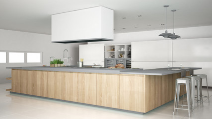 Minimalistic white kitchen with wooden and gray details, minimal