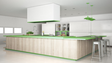 Minimalistic white kitchen with wooden and green details, minima