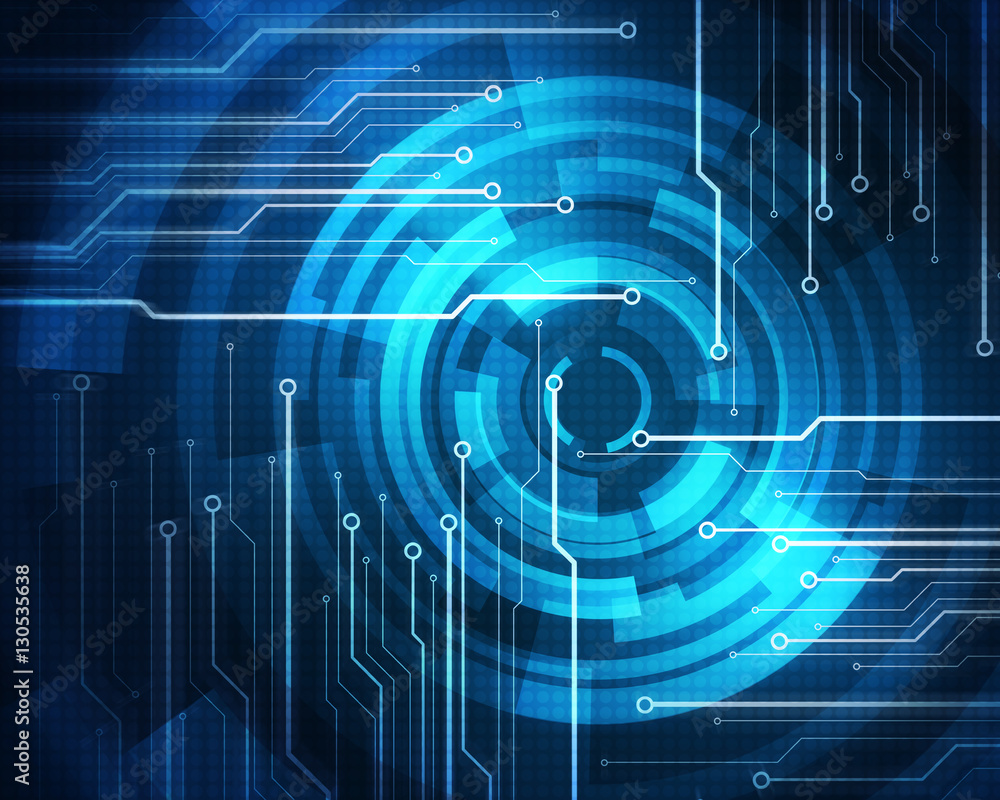 Poster digital conceptual image circuit microchip on blue background