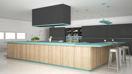Minimalistic gray kitchen with wooden and turquoise details, min