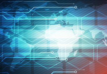 world map technology chip turquoise blue background