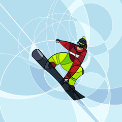 Vector illustration snowboarder in red and green dress on blue background. abstract image made with circles. winter sport