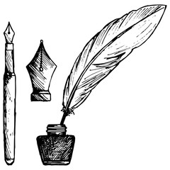 Ancient pen, inkwell and old ink pen