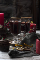 Mulled wine with cinnamon on a table