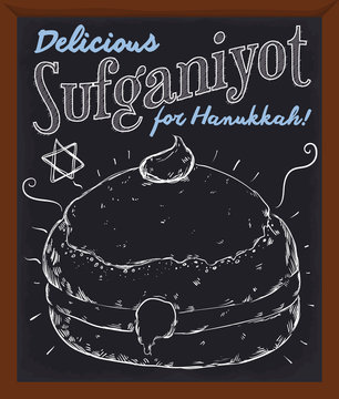 Chalkboard Promoting Delicious Hand Drawn Suganiyot for Hanukkah Celebration, Vector Illustration