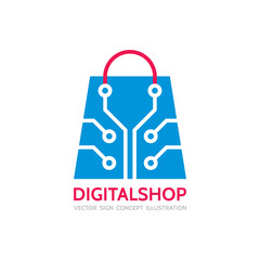 Digital shop - vector logo template concept illustration. Shopping hand bag with electronic computer chip creative sign. Design element.