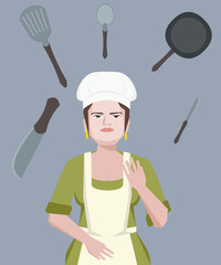 chef juggling with cookware vector cartoon