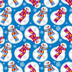 Winter seamless pattern with funny snowmen. Vector clip art.