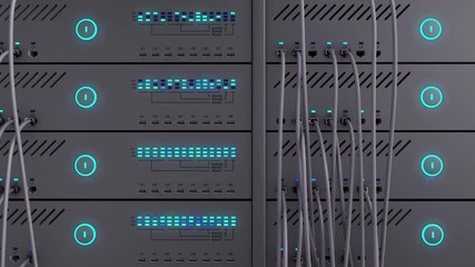 Working data servers. LED lights are flashing. Frontal camera moves to the right. - Powered by Adobe