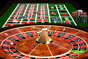 roulette and game table with different color god chips, dice and nobody around. concept of fun and...