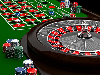  3d image of a game table with roulette, chips, dice, nobody around, fun and gambling. concept of risk and luck.