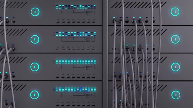 Working data servers. LED lights are flashing. Frontal camera moves to the right.