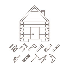 The image of a log house and tools for its construction. Vector illustration.