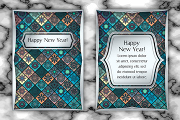 Christmas and New Year vintage greeting card. Tile mosaic snowflake background. Vector illustration
